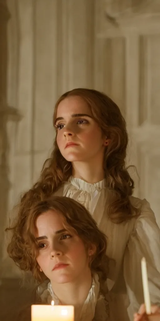 Image similar to Emma Watson as Hermione Granger in Kubrick's Barry Lyndon, natural candle lighting, movie still