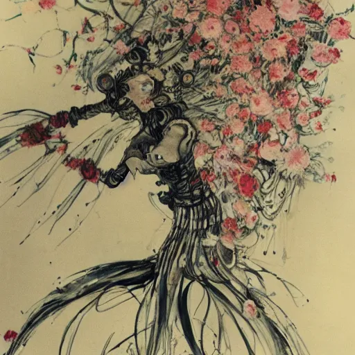 Prompt: Louis Icart, an old elaborate painting of an abstract robot tornado made entirely out of flowers coming out of her head, highly detailed, swirling, flowing, dancing, dreaming, masterpiece - H 704