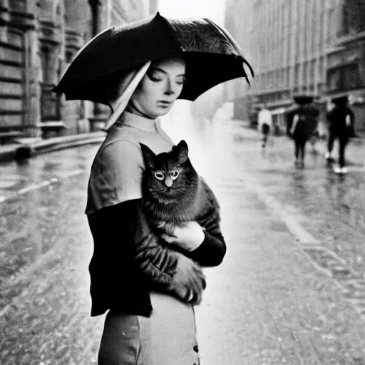 Image similar to A photograph of a Young Woman holding her cat while avoiding the rain on the streets of London, award winning photograph, realistic, detailed, 1960’s cinematic