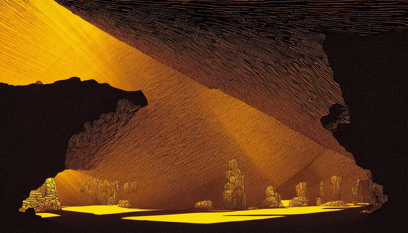 Image similar to cave with light rays by dan mumford and peter doig and edward hopper, symmetrical, minimal, black ink, thick lines highly detailed, muted colours 8 k