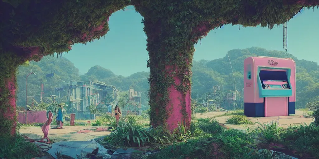 Image similar to 80s outdoor retro arcade, pastel colors, desolate, lush vegetation, moody:: by beeple and James Gilleard and Justin Gerard :: ornate, dynamic, particulate, intricate, elegant, highly detailed, centered, artstation, smooth, sharp focus, octane render, 3d