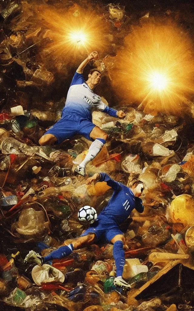 Image similar to scientific cristiano ronaldo soccer player surrounded by trash meanwhile another soccer player is tackling the nike ball in front of the light flare, night earth crust, trail cam, realistic photography paleoart, masterpiece album cover, by Goya and Velazquez