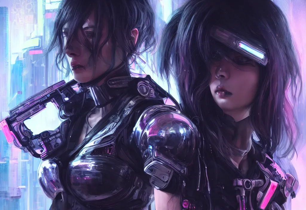 Image similar to portrait holy dark grey hair of futuristic police girl, black armored uniform, at cyberpunk reflected tokyo night, ssci - fi and fantasy, neon light, intricate and very very beautiful, highly detailed, digital painting, artstation, concept art, smooth and sharp focus, illustration, art by tian zi and wlop and alphonse mucha