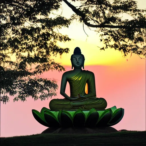 Image similar to the buddha riding a duck into the sunset