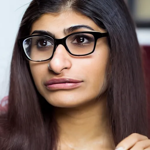 Prompt: a photo of mia khalifa being surprised, 50mm close up photography