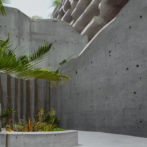 Prompt: noisy color photograph of a concrete underground retrofuturist liminal space, staggered terraces, palm tree growing out of concrete, deformations, minimalist, cinematic, soft vintage glow