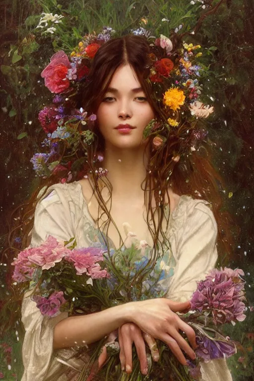 Image similar to portrait of a beautiful mysterious woman holding a bouquet of flowing flowers, wet dripping long hair, hands hidden under the bouquet, emerging from the water, fantasy, regal, intricate, by stanley artgerm lau, greg rutkowski, thomas kindkade, alphonse mucha, loish, norman rockwell