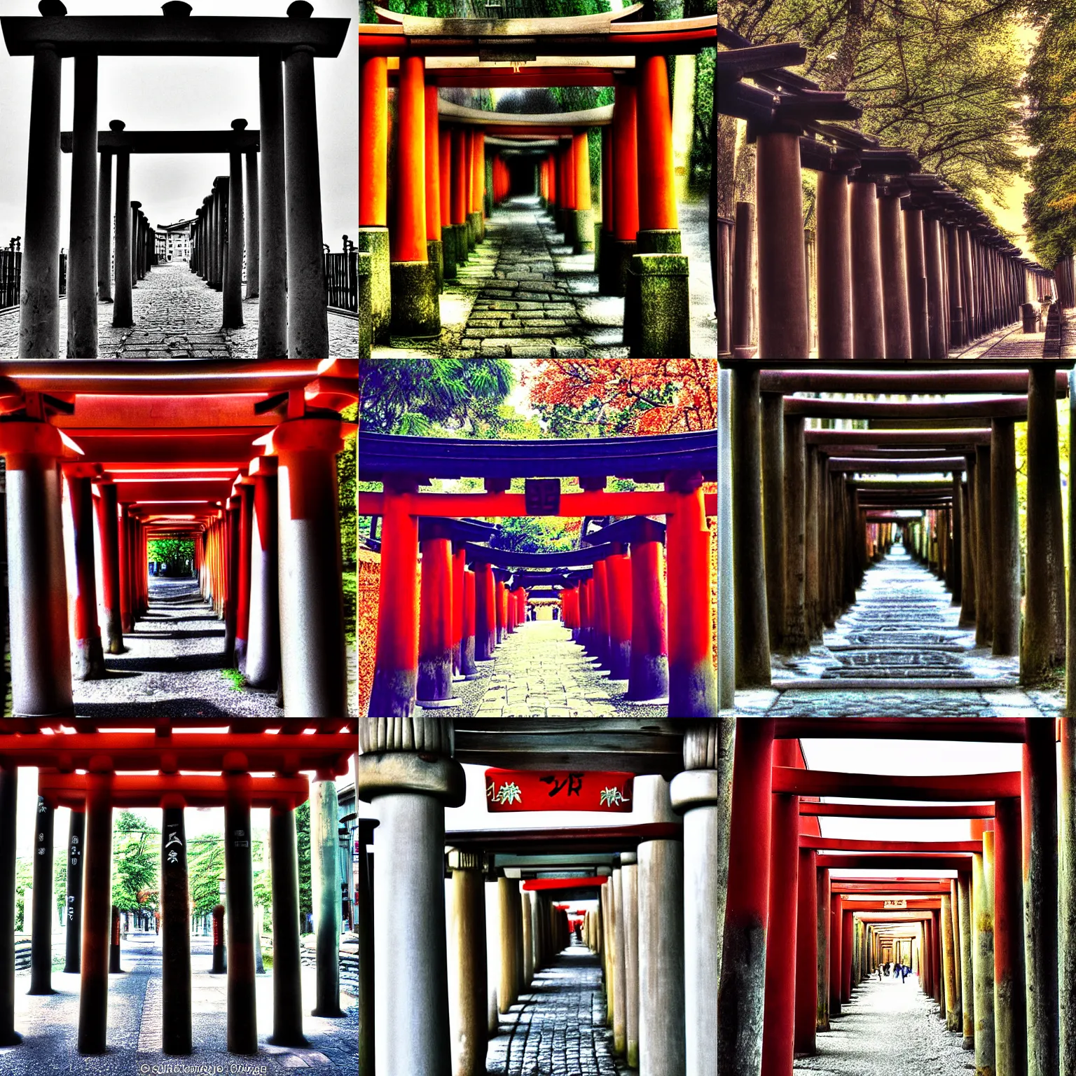 Prompt: shinto torii alley in St Petersburg, Russia, columns written in cyrillic, film grain, perspective correction, hdr