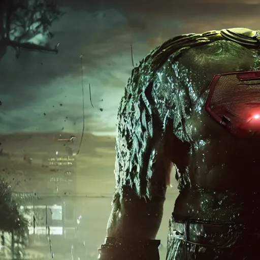 Prompt: pickle rick! as superman! flying in ( gears of war ), splash art, movie still, detailed face, photorealistic facial features, cinematic lighting, dramatic, octane render, long lens, shallow depth of field, bokeh, anamorphic lens flare, 8 k, hyper detailed, 3 5 mm film grain