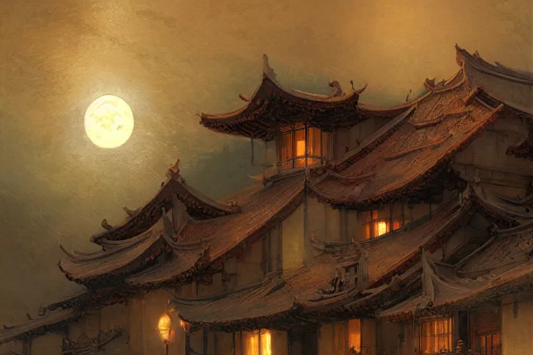 Image similar to wuxia, moon, roof, night, painting by gaston bussiere, craig mullins, j. c. leyendecker