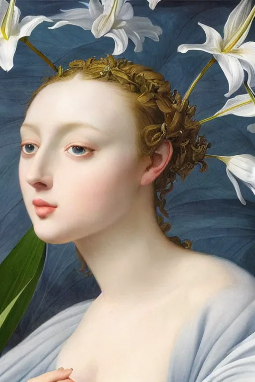 Prompt: hyperrealism close-up mythological portrait of a huge number of lily flowers merged with female, blue palette, pale skin, wearing silver silk robe, in style of classicism