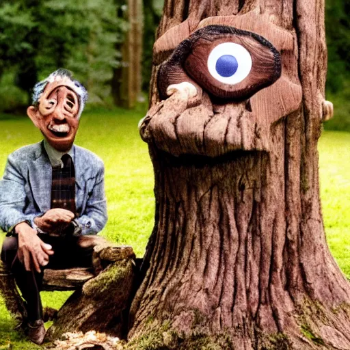 Image similar to the legend of Big Sir monster talking to a tree stump that has the face of Gilbert gottfried, film still