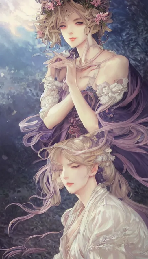Image similar to portrait of kirisame marisa, touhou, anime art, dreamy and ethereal, expressive pose, peaceful expression, ornate frilly dress, fantasy, intricate, elegant, highly detailed, digital painting, artstation, concept art, smooth, sharp focus, illustration, art by artgerm and greg rutkowski and alphonse mucha