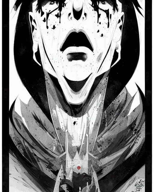 Image similar to handsome vampire king with crown and fangs, symmetrical face, evil, cinematic, dramatic, powerful, super detailed and intricate, by koson ohara, by darwyn cooke, by greg rutkowski, by satoshi kon