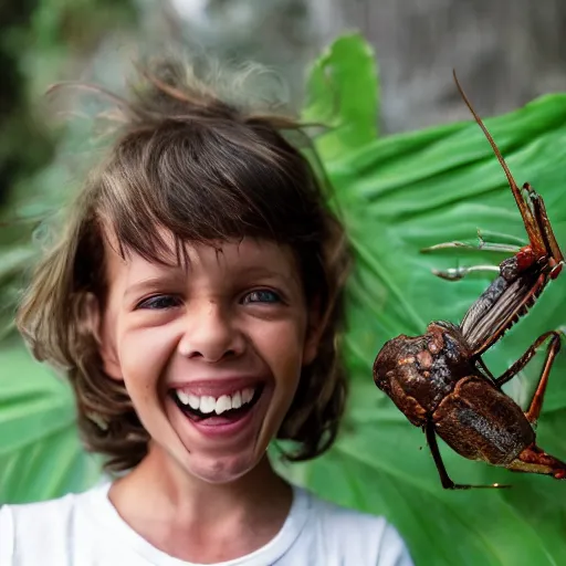 Prompt: portrait of very happy Rhianna eating gigantic bugs,