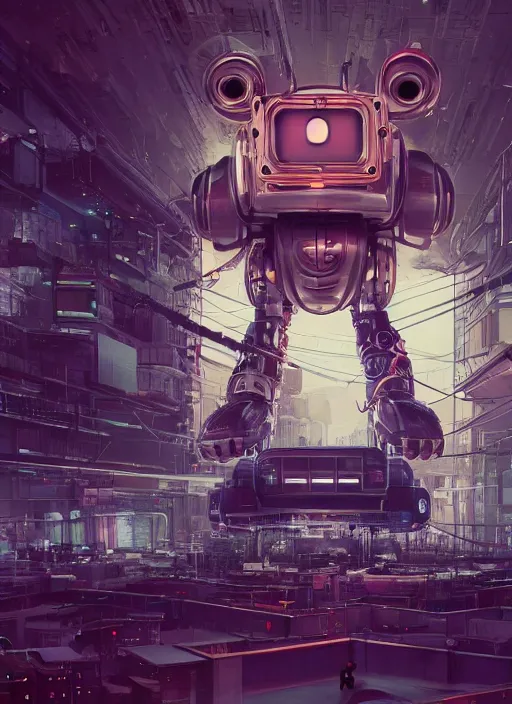 Image similar to people building giant head of a robot mickey mouse inside of abandoned netflix office, cyberpunk, by beeple, dystopia, golden ratio, octane render, redshift, trending on artstation, 8 k