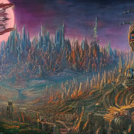 Image similar to a detailed fantasy painting of a robot city with a lot of aliens running up that hill with Kate Bush, by lauri blank, artgerm, evelyn de morgan, 8K, 50mm lens