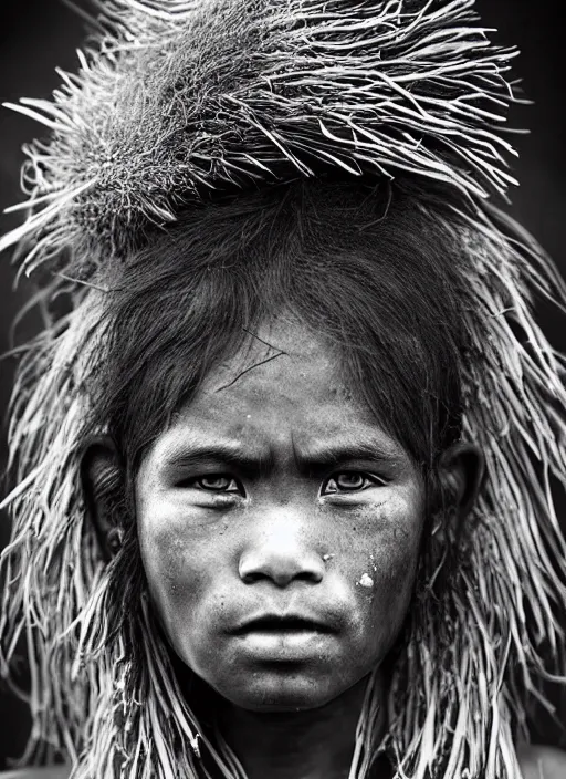 Image similar to Award winning Editorial photo of a Native Kiribati with incredible hair and beautiful hyper-detailed eyes wearing traditional garb with a Bokikokiko by Lee Jeffries, 85mm ND 5, perfect lighting, gelatin silver process