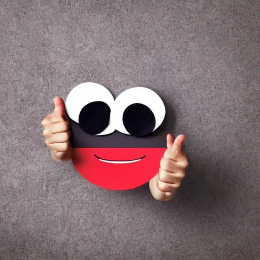 Prompt: child drawing of smiling red eyed emoji face with thumb up.