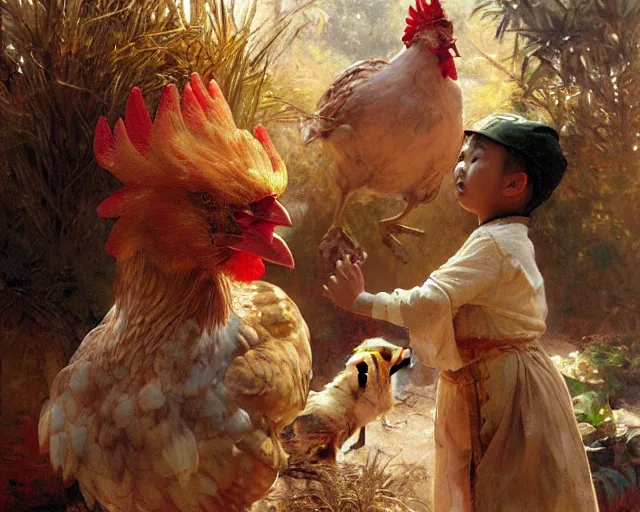 Prompt: a man dressed as a chicken scaring asian childrens, highly detailed painting by gaston bussiere, craig mullins, j. c. leyendecker 8 k