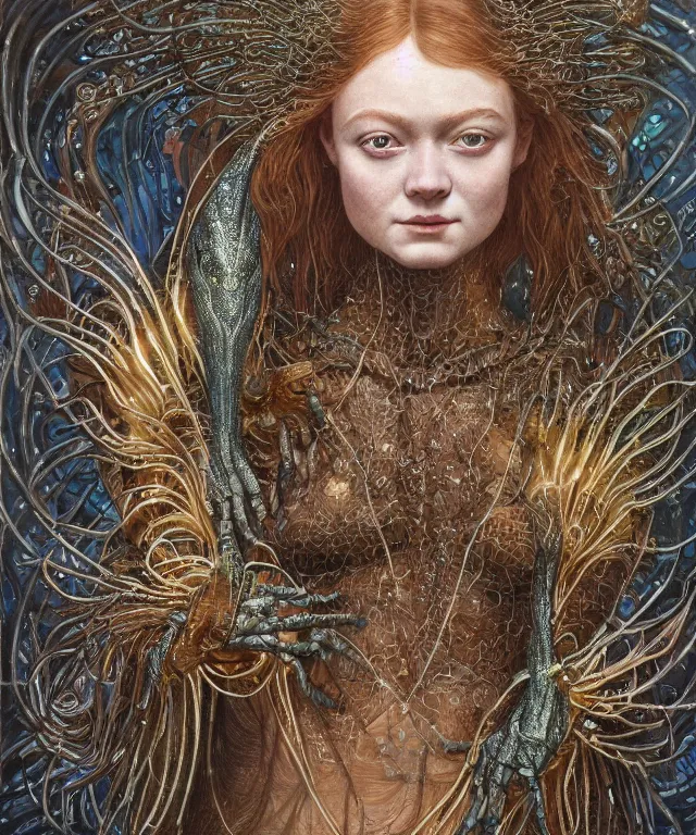 Prompt: a portrait photograph of a friendly sadie sink as a strong alien harpy queen with amphibian skin. she trying on a glowing and black lace shiny metal slimy organic membrane parasite and transforming into an evil insectoid snake bird. by donato giancola, walton ford, ernst haeckel, peter mohrbacher, hr giger. 8 k, cgsociety