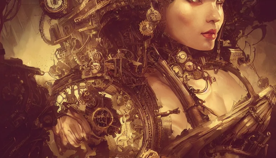 Image similar to ultra wide picture, steampunk, masterpiece, pinup, mcfarlane, fibonacci, sweat drops, insane, horror, intricate, highly detailed, digital painting, artstation, concept art, smooth, sharp focus, illustration, unreal engine 5, 8 k, art by artgerm and greg rutkowski and alphonse mucha