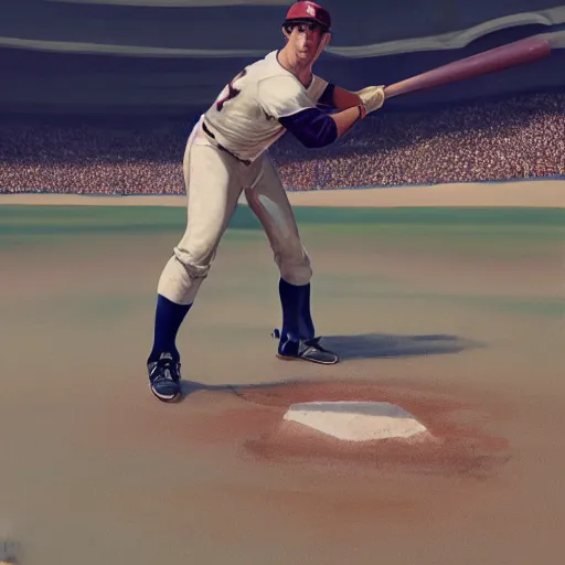 Image similar to baseball player hitting the ball with the baseball bat in the middle of the game and in front of everyone in the stadium, james gurney painting style, greg rutkowski, artstation, octane render, unreal engine 5