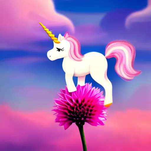 Image similar to very cute and tiny unicorn cat on Dahlia flower flying atop pink clouds, sky background, pixar style, cinematic lightning, award winning creature photography