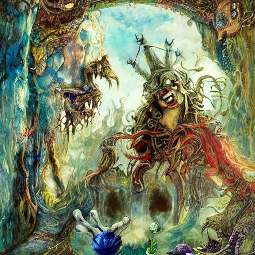 Prompt: monsters in alice in wonderland tripping on ayahuasca with faces in the background, intricate detail, painting, royo, frazetta, whealan,