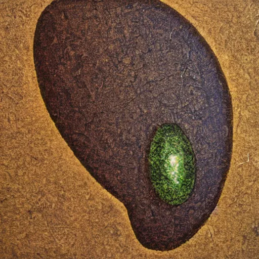 Prompt: photo of a cave painting petroglyph of an avocado being stolen, parietal art style, cave painting, sepia colors
