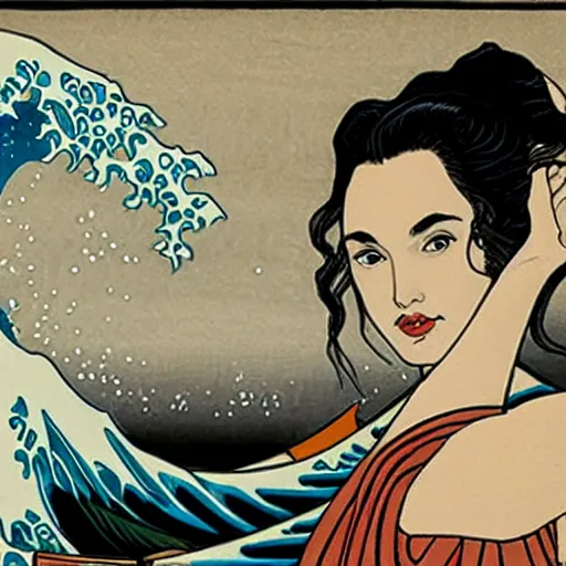 Prompt: gal gadot is in front of the great wave by hokusai, portrait