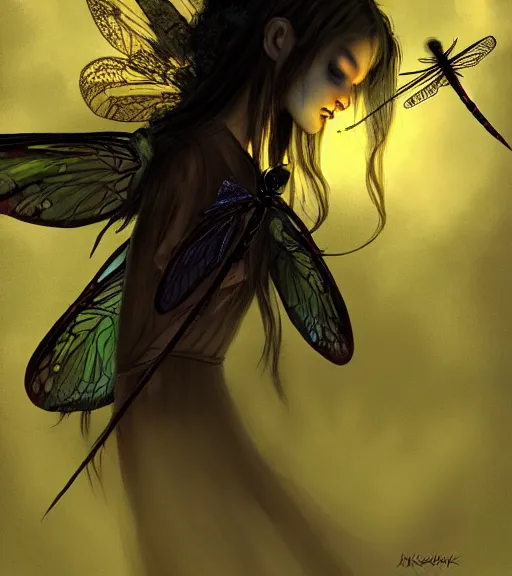 Image similar to gothic fairy with dragonfly wings, digital painting, liminal eerie midnight backlit, a picture taken by Michael Komarck