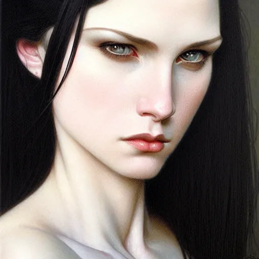 Prompt: portrait of a beautiful, pale skin, female with long black hair, dark, piercing eyes, gentle expression, elegant clothing, photorealistic, highly detailed, artstation, smooth, sharp focus, art by michael whelan, artgerm, greg rutkowski and alphonse mucha