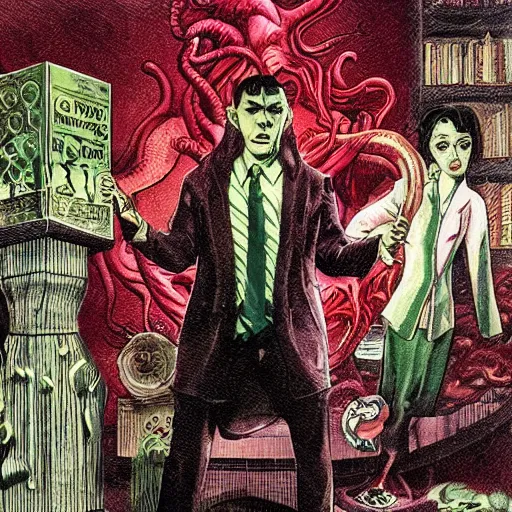 Image similar to Cthulhu as a modern day business man with a family and a drug and gambling addiction, necronomicon is the family Bible , Junji Ito and Greg rutkowski, psychedelic , 50s style infomercial , award winning , retro futuristic