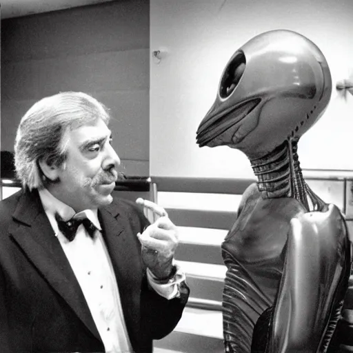 Image similar to old film photography of jaime maussan and a real alien having a conversation