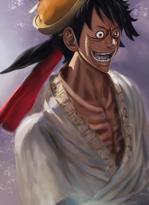 Prompt: a portrait of Monkey D Luffy if he was real, wearing a traditional samurai dress, intricate, highly detailed, digital painting, artstation, concept art, smooth, sharp focus, illustration, art by Charlie Bowater and Gustave Baumann, matte painting