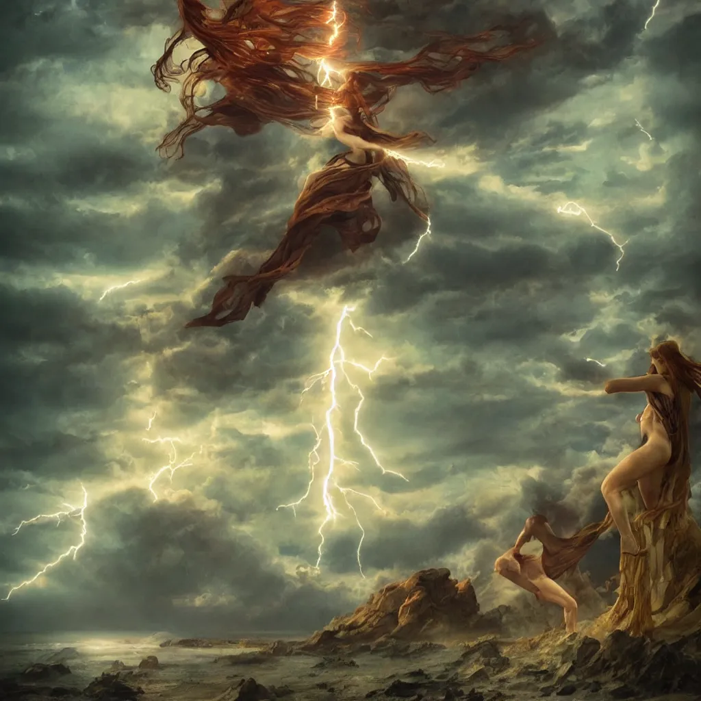 Image similar to huge towering magical lightning storm, extreme drama, distant glowing figures, hdr, movie still, fully photorealistic, sharp luminescent focus, nd 6, art by john collier, albert aublet, krenz cushart, artem demura, alphonse mucha, diffuse lighting, artstation, smooth, textless, sharp focus,