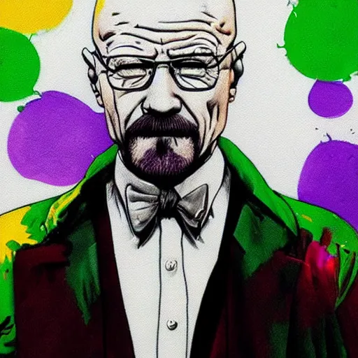 Image similar to walter white wearing the joker suit, dripping paint