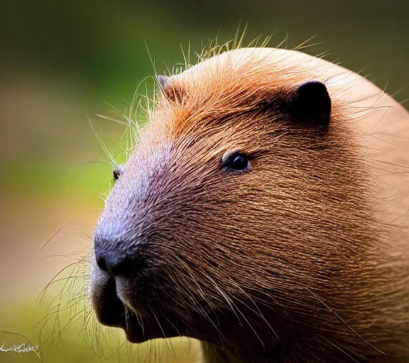 Image similar to a portrait of capybara with a mushroom cap growing on its head by luis royo. intricate. lifelike. soft light. sony a 7 r iv 5 5 mm. cinematic post - processing