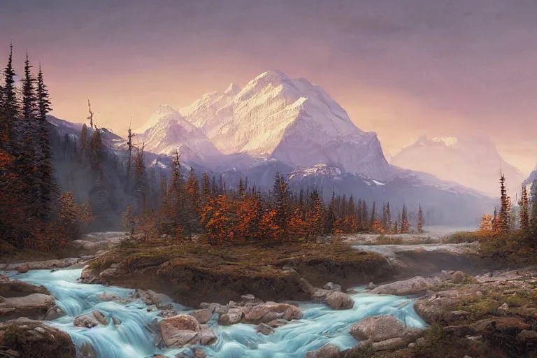 Prompt: an epic landscape painting of the three sisters mountains in canada, with snow on its peak, at sunrise in springtime, with a small river in the foreground, painted by greg rutkowski, atmospheric, volumetric lighting, rolling fog, breathtaking, highly detailed