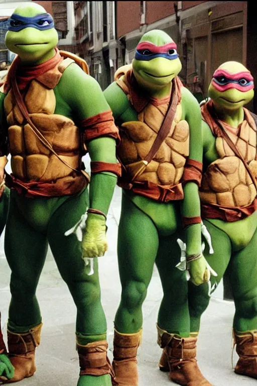 Prompt: Teenage Mutant Ninja Turtles as early 2000s boysband, realistic, photo, human-like