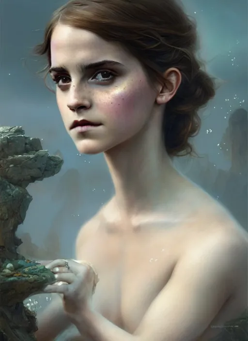 Image similar to portrait photograph of emma watson wearing translucent clothes, studio light, photoreal, by Jaime Jones,Tom Bagshaw,Lawrence Alma-Tadema,greg rutkowski,deviantart contest winner, fantasy art, daz3d,intricate,elegant,highly detailed,8k,digital painting,concept art, sharp focus, illustration,golden ratio