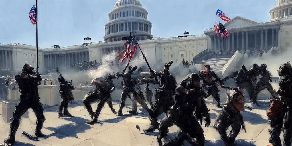 Prompt: character art by ruan jia, man rams barricade at the us capitol as capitol police descend