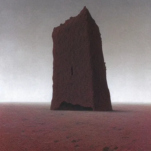 Prompt: a vast, looming, infinite monolith made of meat in a desolate, charred desert, painted by zdzislaw beksinski