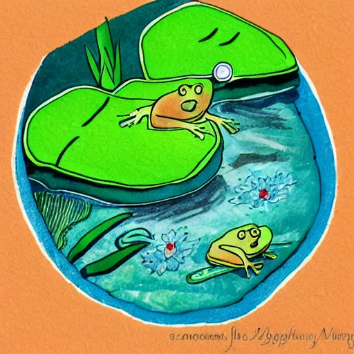Prompt: cute children’s book illustration of a frog on a lily pad in a pond