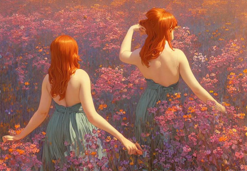 Image similar to a woman seen from behind from far away with copper hair and a flowing sundress surrounded by wildflowers, fine details by realistic shaded lighting poster by ilya kuvshinov katsuhiro otomo, magali villeneuve, artgerm, jeremy lipkin and michael garmash and rob rey, art nouveau, alphonse mucha, william - adolphe bouguereau, golden hour