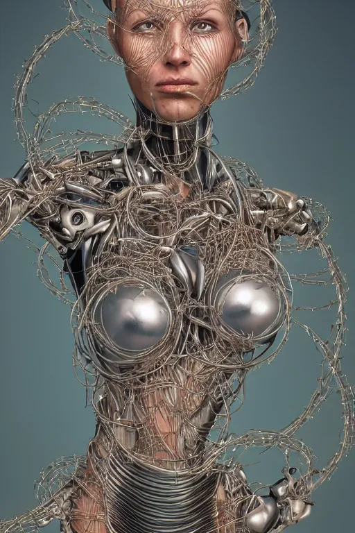 Image similar to portrait of a organic cyborg wrapped in barb wire by Hajime Sorayama and Jamie Coreth, trending on artstation, centered, symmetrical, rim lighting, electric hair, bilateral symmetry, 80s poster, polished, thick smoke, retro dark vintage sci-fi, 2D matte illustration