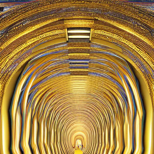 Image similar to vivid illustration of a person choosing between tunnels inside a highly intricate torus with detailed golden ornamentation and golden light, choosing between pathways