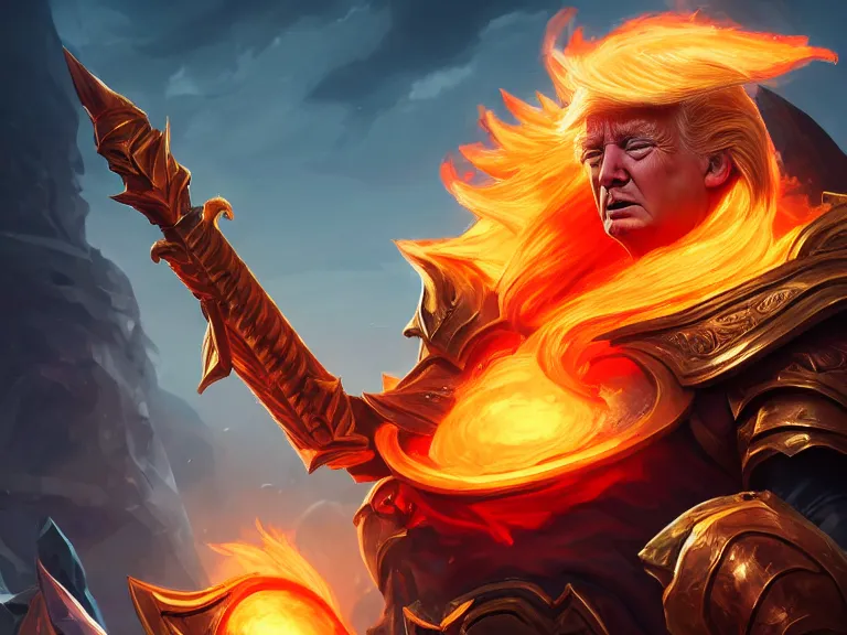 Image similar to portrait of sun emperor donald trump, flaming heavy armor and whip, rule of thirds, orange gradient, photorealistic facial features, league of legends splash art, by chengwei pan, huang guangjian, viktoria gavrilenko, artgerm, greg rutkowski, 8 k, octane, digital painting, artstation