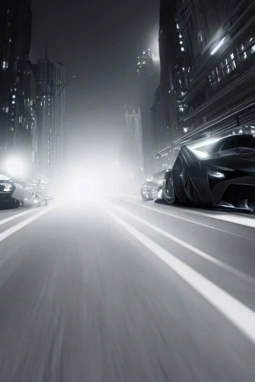 Image similar to the batmobile driving through gotham city at night. fluorescent light. pov from behind the wheel. octane render. 8 k. monochrome. black and white. mist. atmospheric. cinematic.